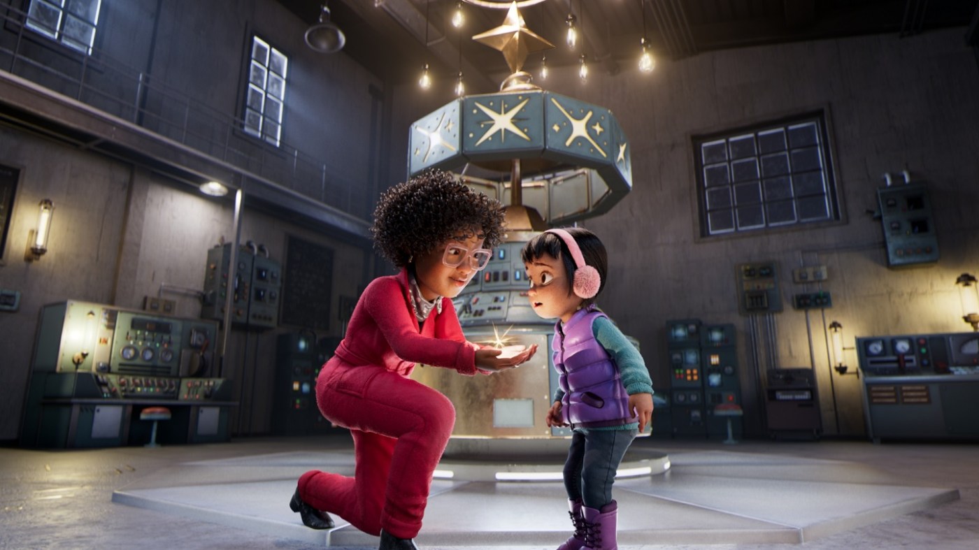 An animated character kneels, holding a glowing star-like object, while a child looks on in an industrial room with machinery and control panels.