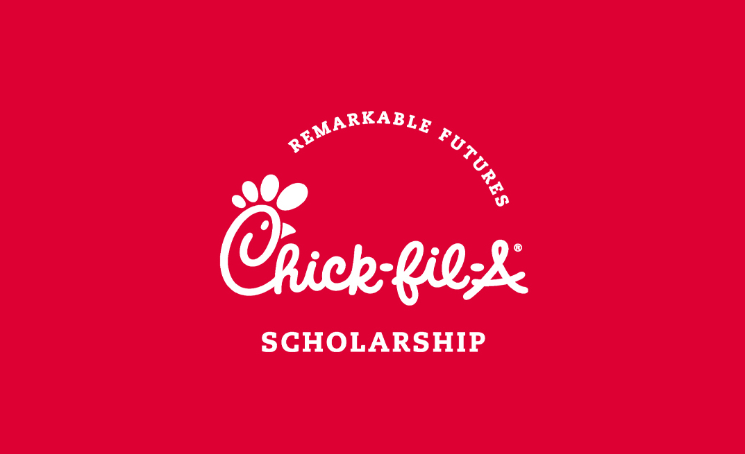 Chick-fil-A Scholarship logo on a red background, with the words REMARKABLE FUTURES Chick-fil-A SCHOLARSHIP.
