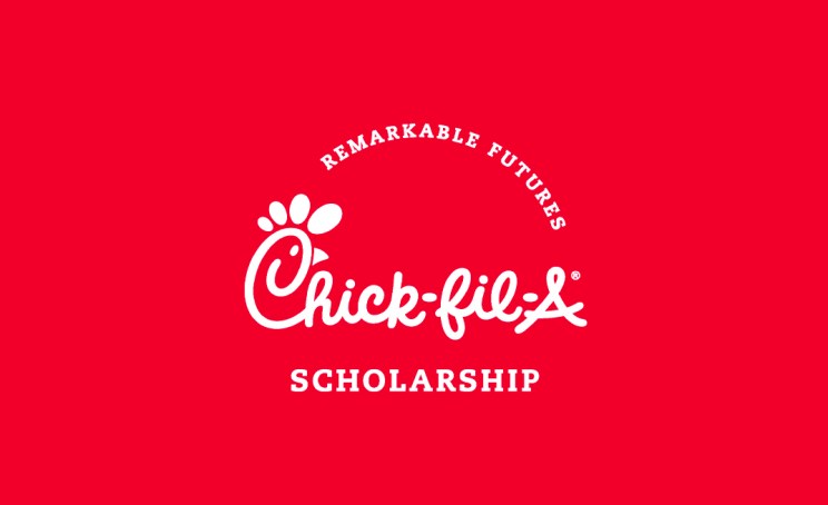 Chick-fil-A Scholarship logo on a red background, with the words REMARKABLE FUTURES Chick-fil-A SCHOLARSHIP.