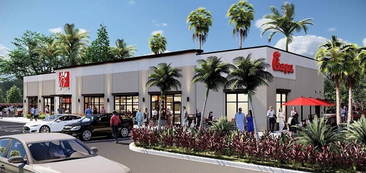 Rendering of a modern Chick-fil-A restaurant with palm trees, outdoor seating, and people walking near parked cars under a sunny sky.