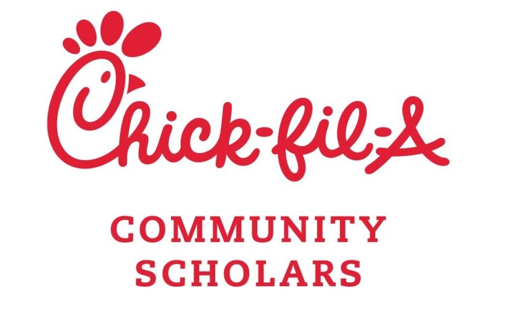 Logo with 'Chick-fil-A' in red script and 'COMMUNITY SCHOLARS' in bold red font.