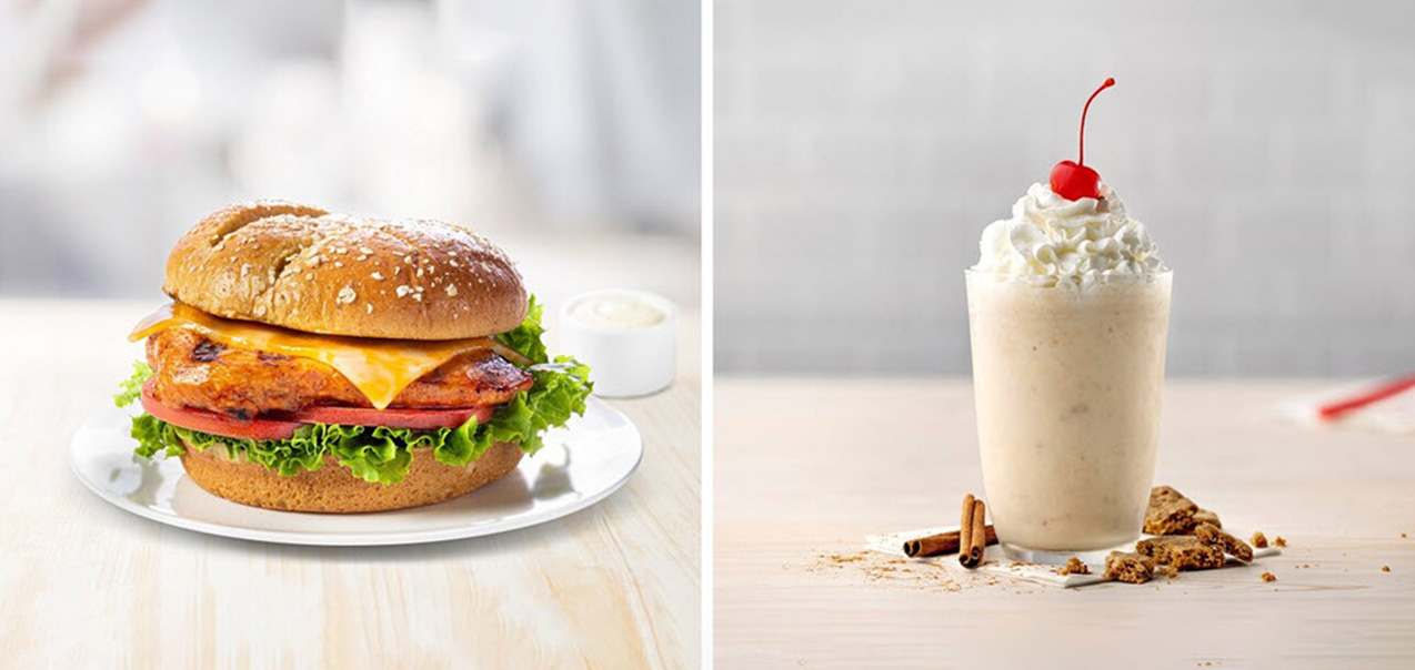 Side by side images. On the leftGrilled Spicy Deluxe Sandwich and on the right Autumn Spice Milkshake.