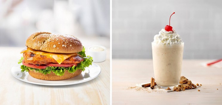 Side by side images. On the leftGrilled Spicy Deluxe Sandwich and on the right Autumn Spice Milkshake.