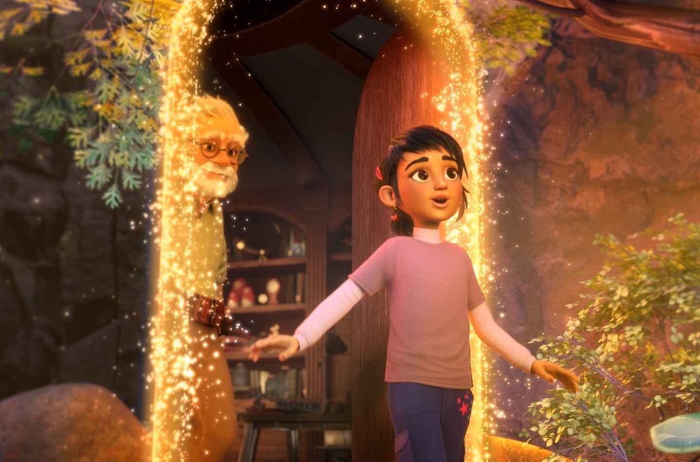 Animated scene depicting a young girl stepping through a glowing magical doorway.