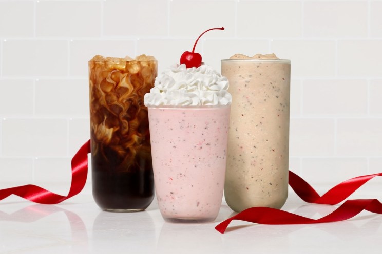 Three featured Peppermint Drinks with a red holiday ribbon.