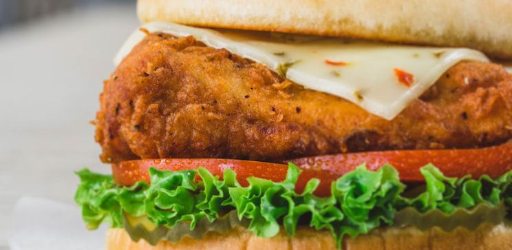 Closeup of the Spicy Deluxe sandwich.