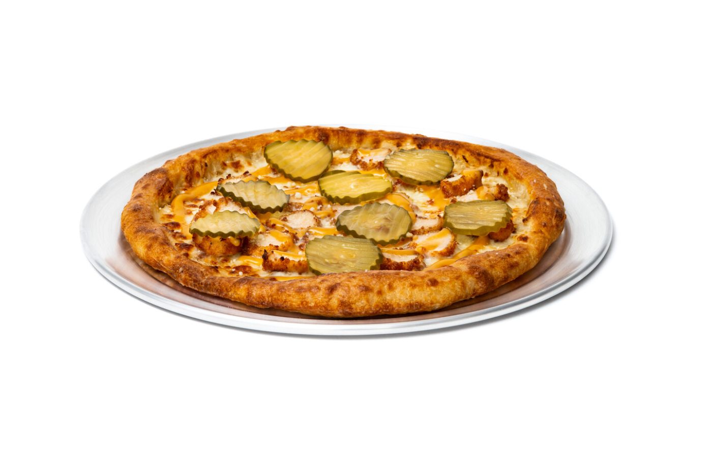 Pizza with Mozzarella cheese topped with juicy, seasoned-to-perfection chopped Chick-fil-A® Nuggets, drizzled with Chick-fil-A® Sauce and served with pickles.