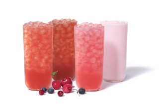 A glass of Cherry Berry Iced Tea, Cherry Berry Lemonade, Cherry Berry Sunjoy® and Cherry Berry Frosted Lemonade