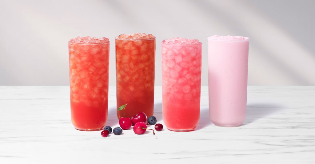 A glass of Cherry Berry Iced Tea, Cherry Berry Lemonade, Cherry Berry Sunjoy® and Cherry Berry Frosted Lemonade