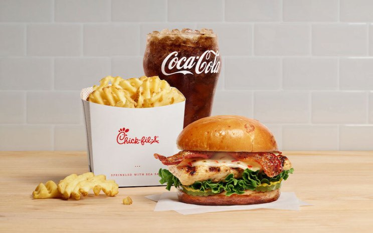 Maple Pepper Bacon Sandwich, waffle fries and a coca cola