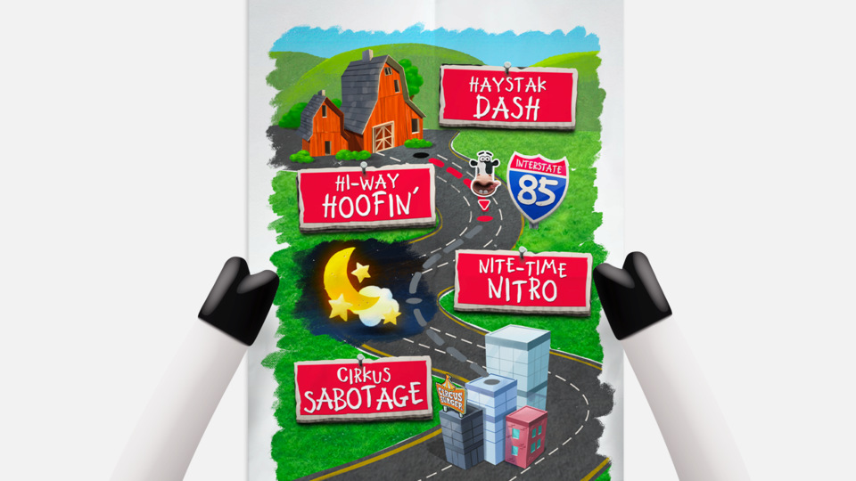 A playful map illustration with a winding road, various signs, barns, and buildings with markers includingHAYSTAK DASH, HI-WAY HOOFIN', NITE-TIME NITRO, and CIRKUS SABOTAGE.