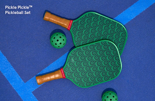 Two green pickleball paddles and two green balls on a blue court, with the words Pickle Pickle™ Pickleball Set
