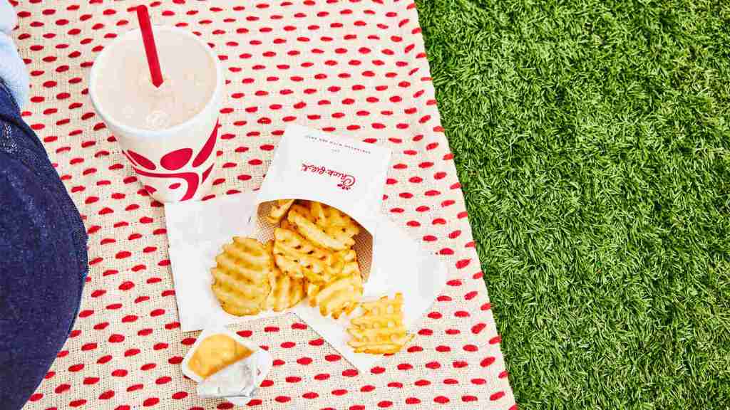 Picnic setup with waffle fries, a drink, and sauce on a polka dot blanket next to green grass.