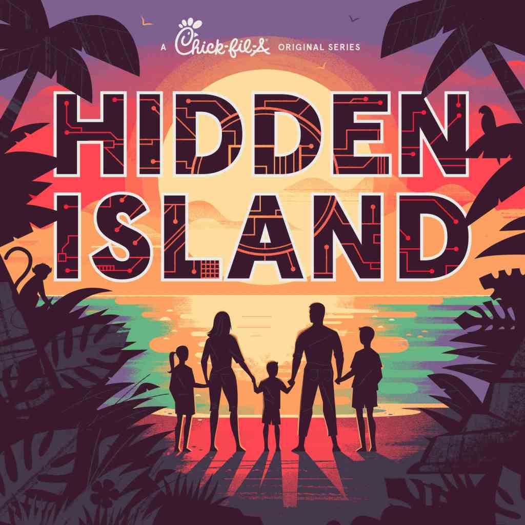 A drawing of a family on a tropical beach with a bright sunset with the words Hidden Island.
