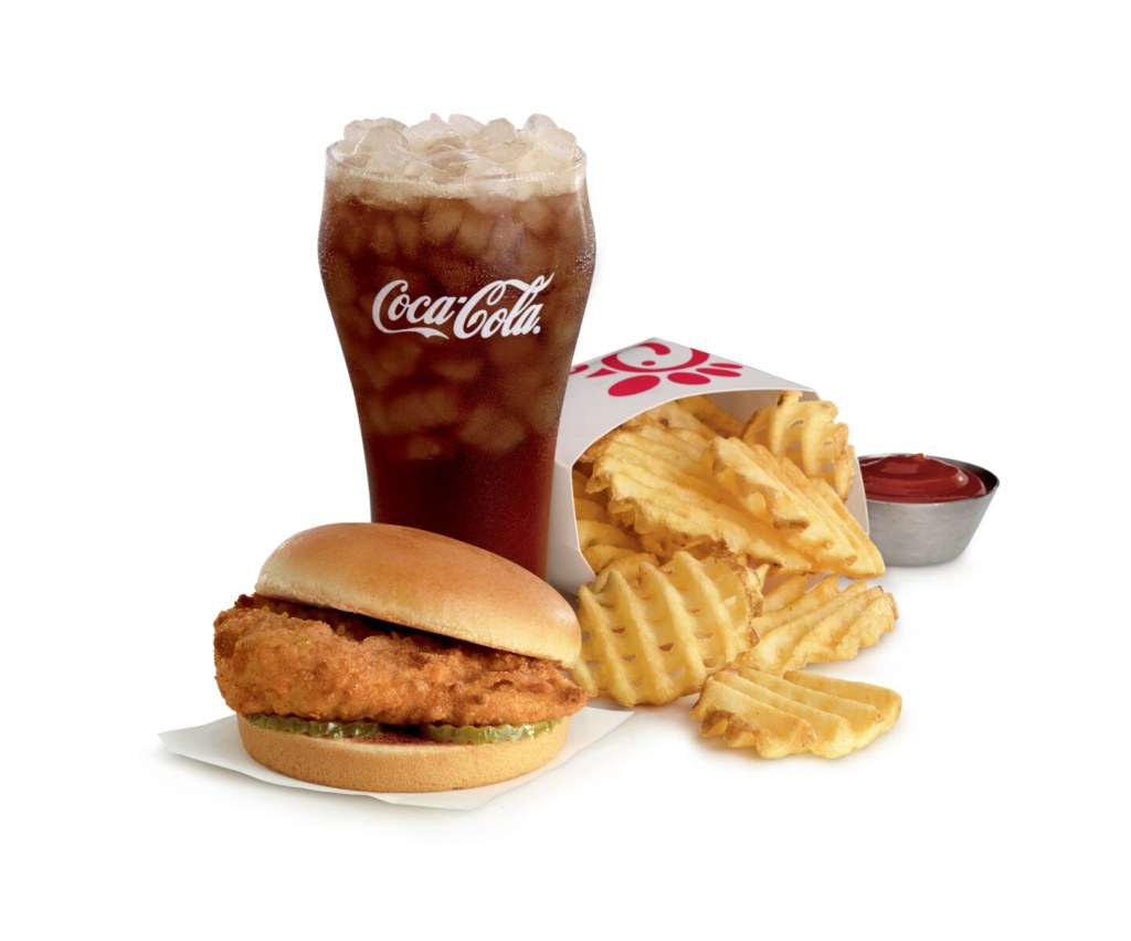 Chick-fil-A Original Sandwich Meal with waffles fries and a Coca-Cola.