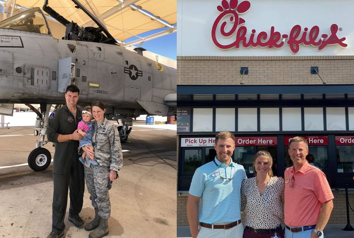 Split Image: Katie Higgins in uniform on the left and outside of Chick-fil-A on the right.