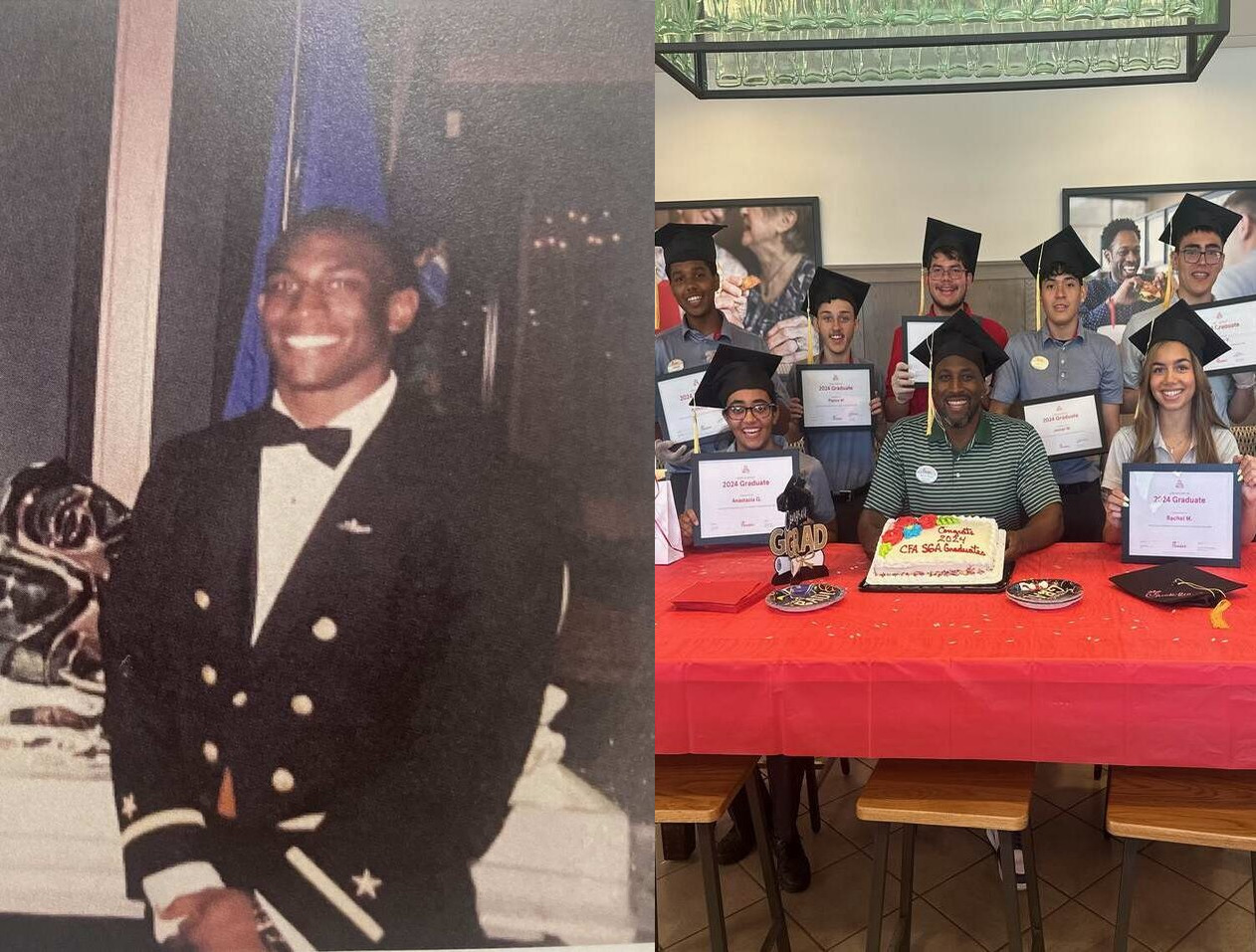 Split Image: Marion Terrell in uniform on the left and inside of Chick-fil-A on the right.