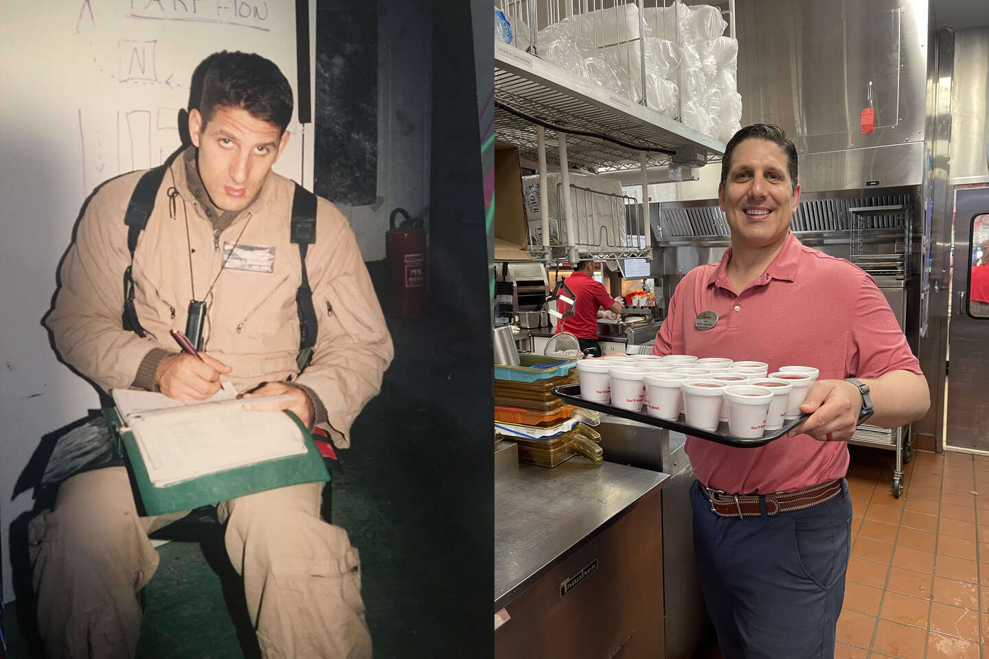 Split Image: JMike Athanasakis in uniform on the left, at Chick-fil-A on the right