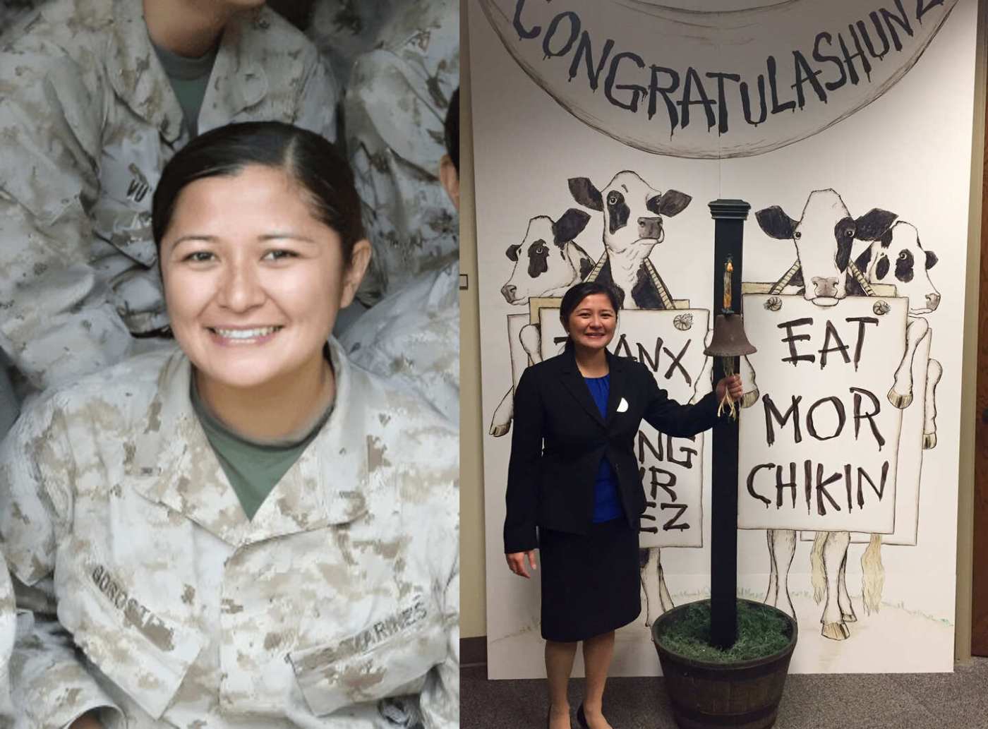 Split Image: Jamie Retheford in uniform on the left, at Chick-fil-A on the right.