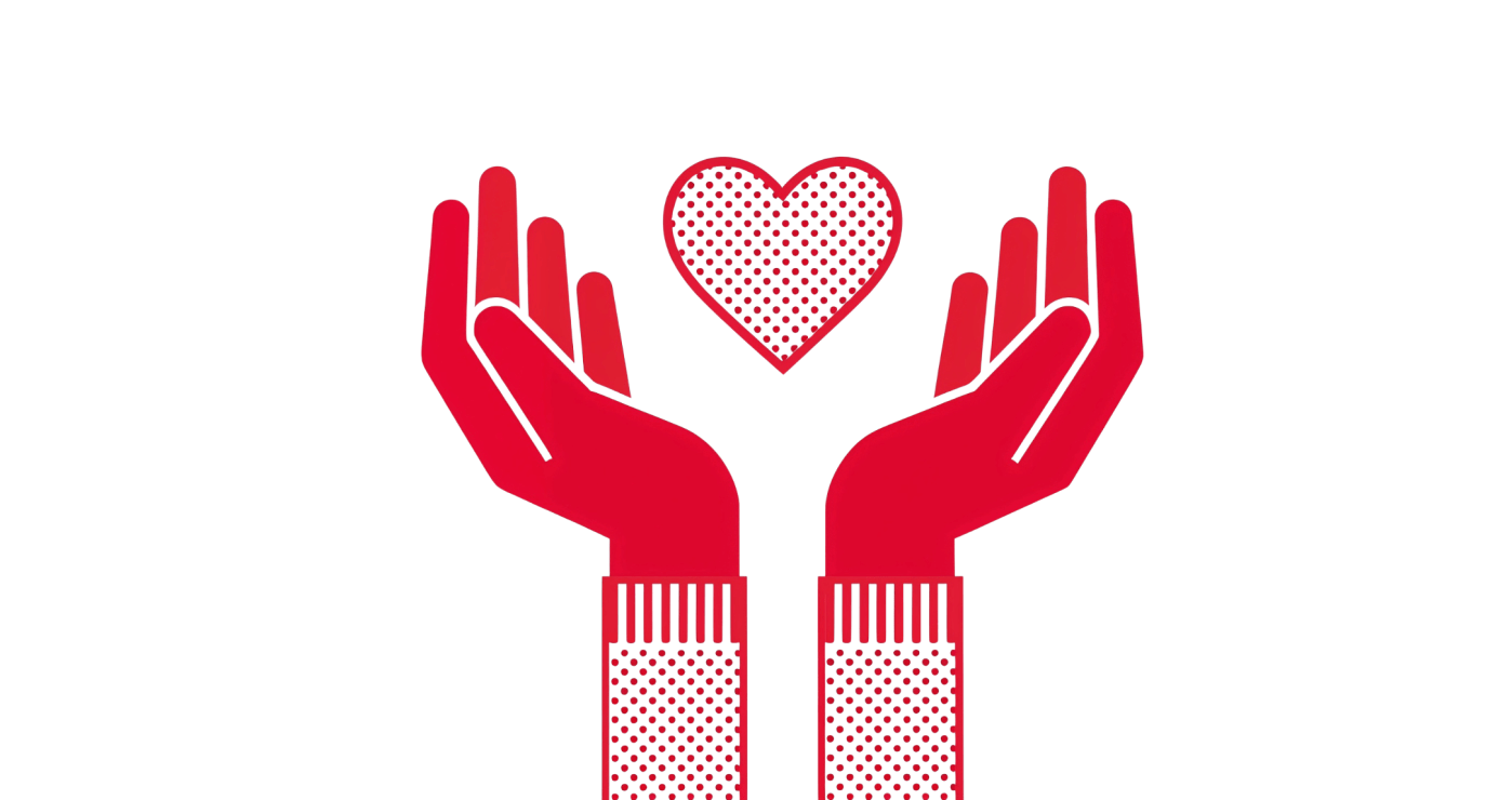 Illustration of two red hands raised upward, cupping a red heart with a dotted pattern.
