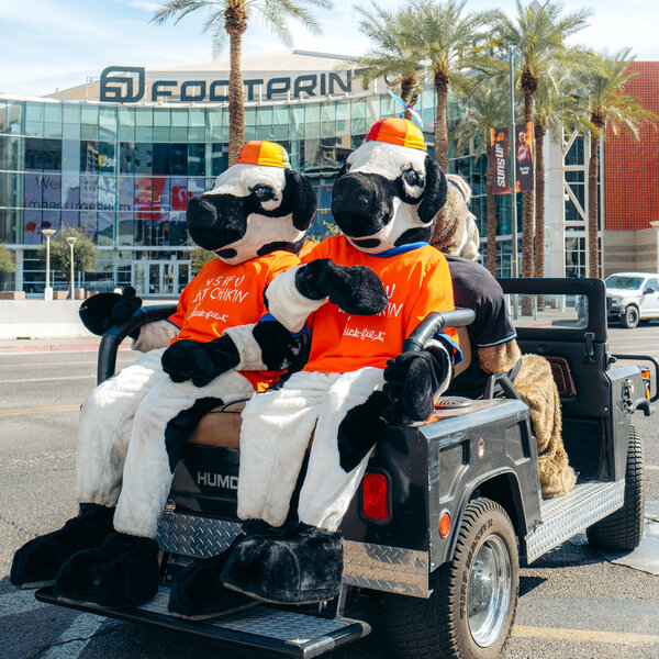 Two Chick-fil-A Cow mascots ride in a golf card with D. Baxter the Bobcat from the Arizona Diamondbacks and Go the Gorilla from the Phoenix Suns.