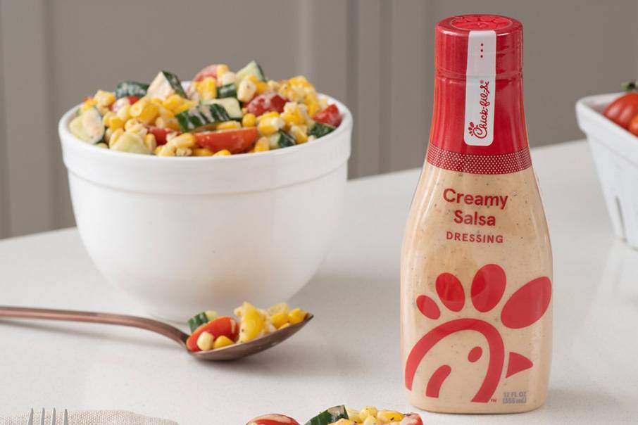 Creamy Salsa Corn Salad next to a bottle of Chick-fil-A Creamy Salsa Dressing