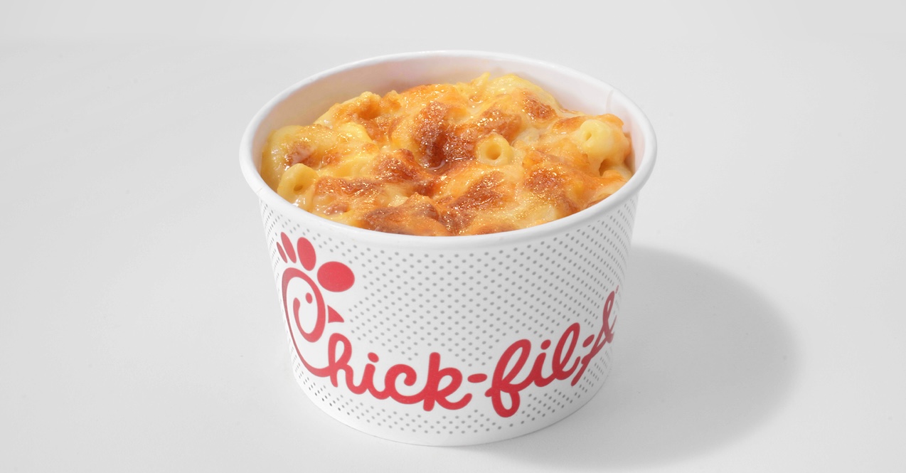 Mac & Cheese in a white branded cup