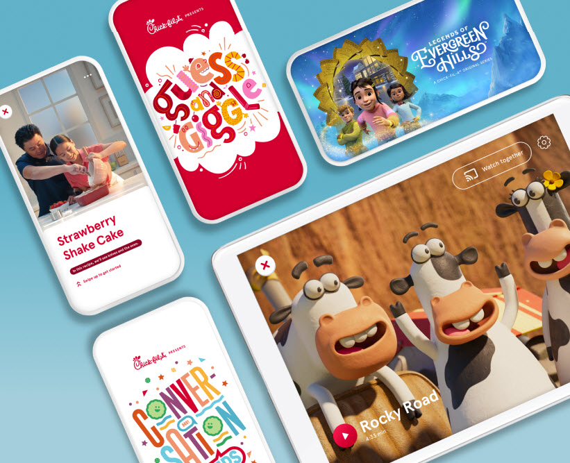 Four smartphones and a tablet showing different offerings on the Chick-fil-A Play App including a Conversation Starters game, Guess and Giggle game, Rocky Road short film and Legends of Evergreen Hills series.