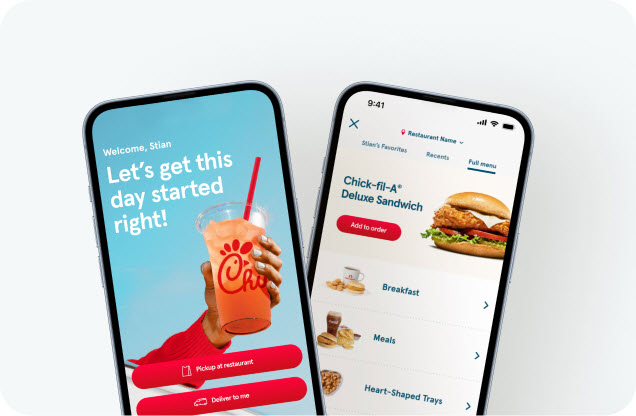 Two smartphones showing different offerings on the Chick-fil-A App
