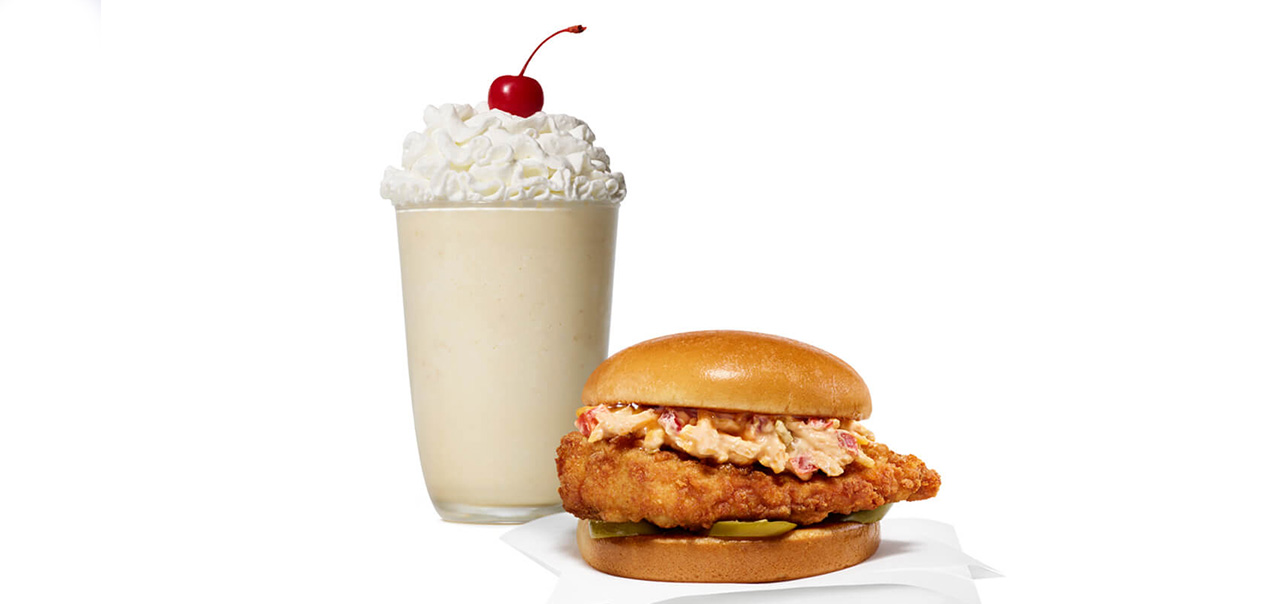 Honey Pepper Pimento Chicken Sandwich with the Caramel Crumble Milkshake.