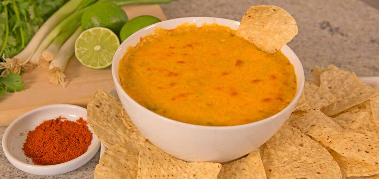 Spicy Chicken Tortilla Dip with chips, spices and fresh lime.