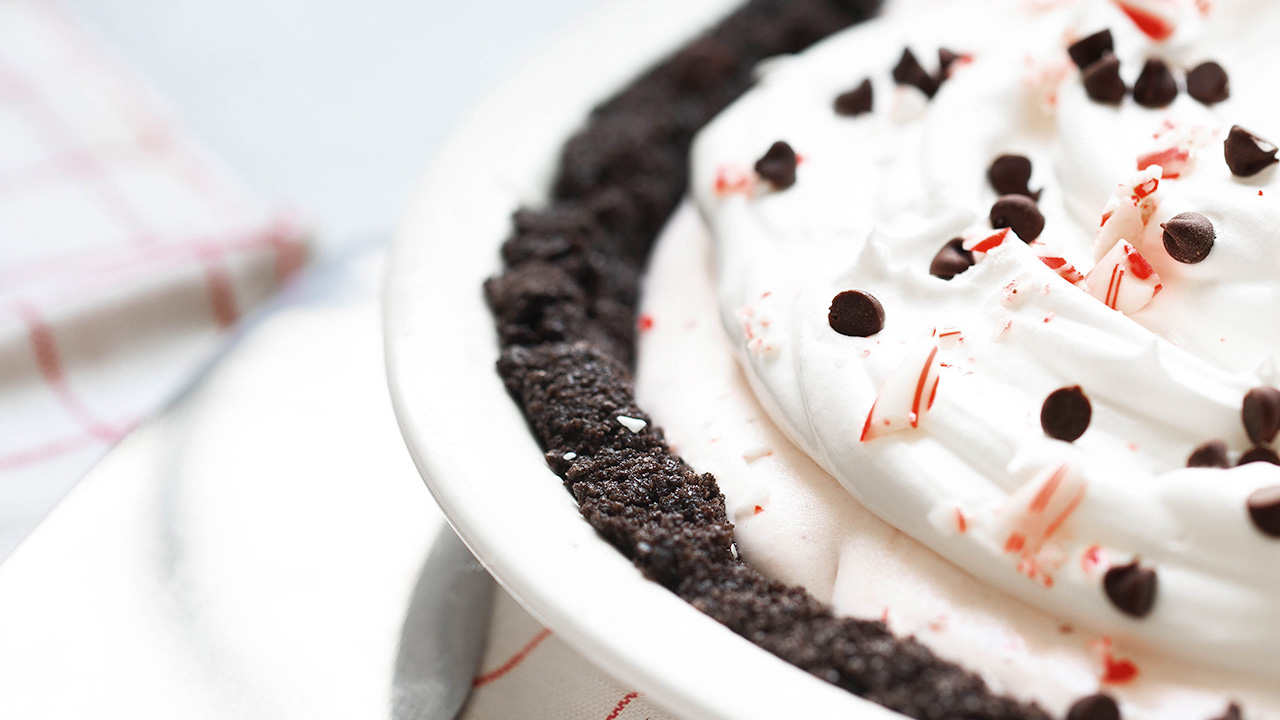 A closeup of Peppermint Milkshake Pie.