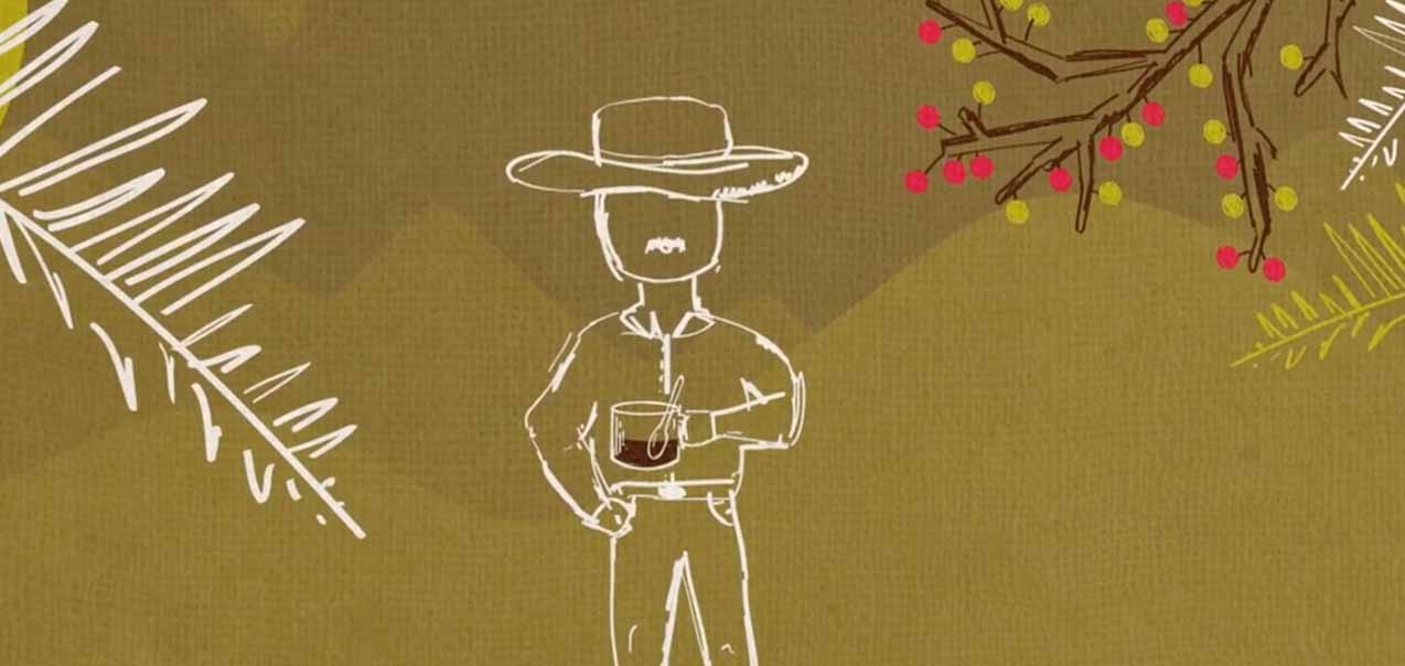 Illustrated figure of a coffee farmer holding a mug, with coffee cherries and palm fronds surrounding him on a textured brown background.