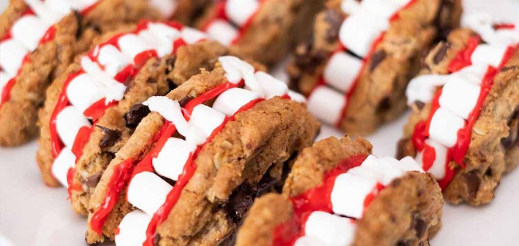 Chocolate Cookies decorated with marshmallows to look like vampire teeth.