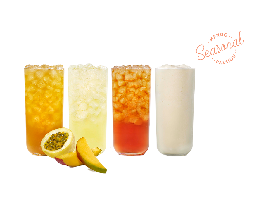 A glass of Mango Passion Sunjoy®, Mango Passion Lemonade, Mango Passion Tea and Mango Passion Frosted Lemonade, with fresh sliced mango and passion fruit.