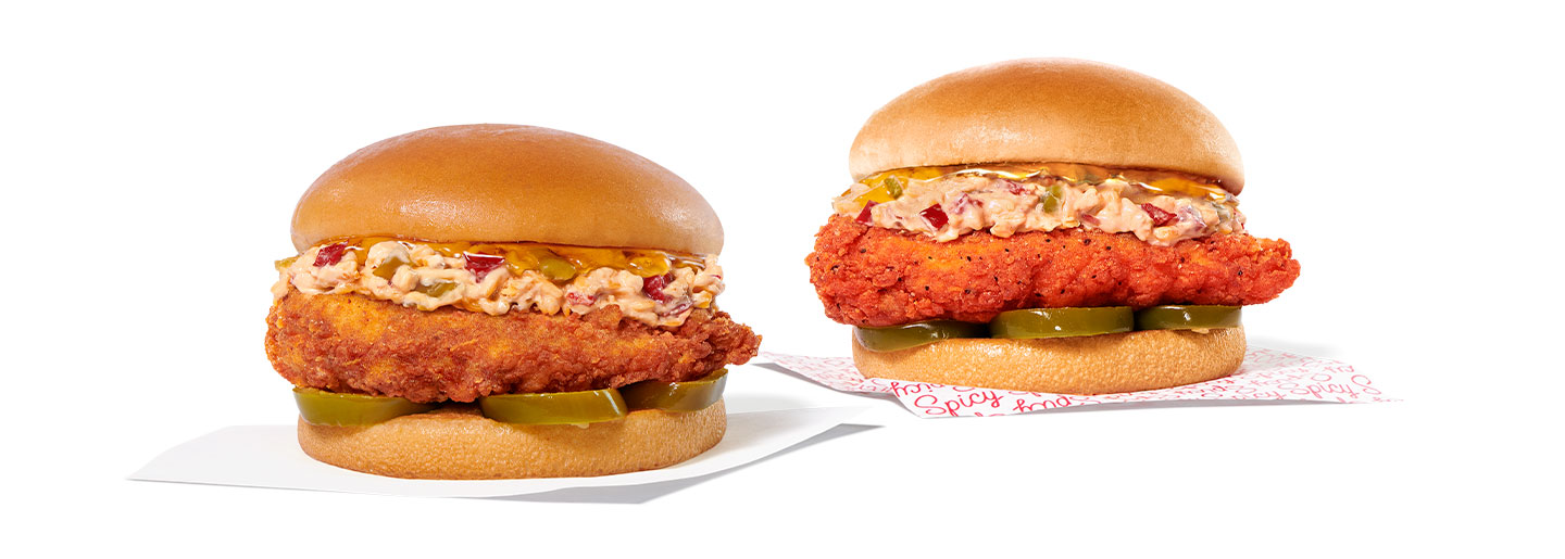 Two Honey Pepper Pimento Chicken Sandwiches. One is spicy and one is original.