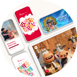 A circular arrangement of digital screens displaying animations, family photo, and colorful text.