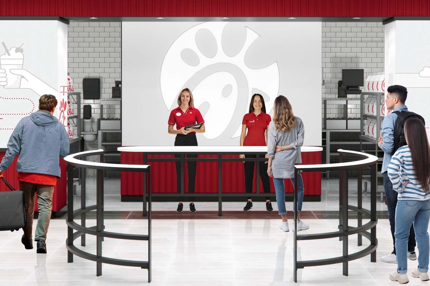Customers stand in a modern Chick-fil-A lobby with a digital order pickup counter, assisted by two team members in red uniforms behind a white and red counter.
