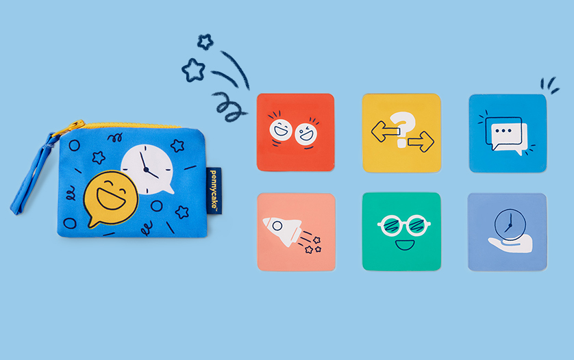 Colorful conversation cards and a themed pouch displayed on a light blue background.