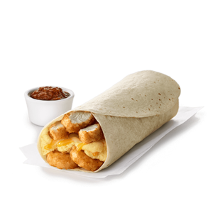 Sliced Chick-fil-A Nuggets, Hash Browns, scrambled eggs, Monterey Jack, Cheddar cheese, rolled in a flour tortilla.