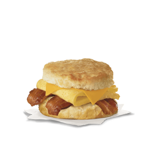 Bacon, Egg & Cheese Biscuit on white paper napkins.