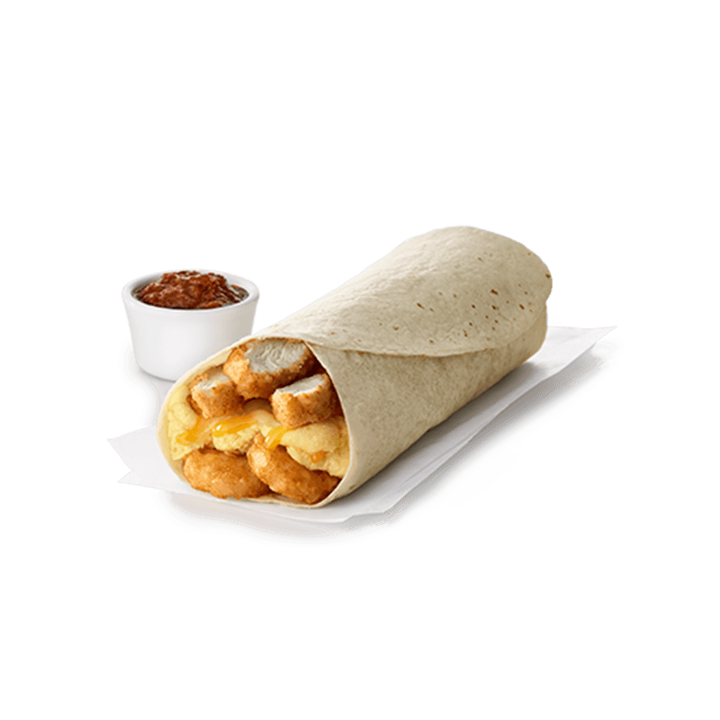 Sliced Chick-fil-A Nuggets, Hash Browns, scrambled eggs, Monterey Jack, Cheddar cheese, rolled in a flour tortilla.