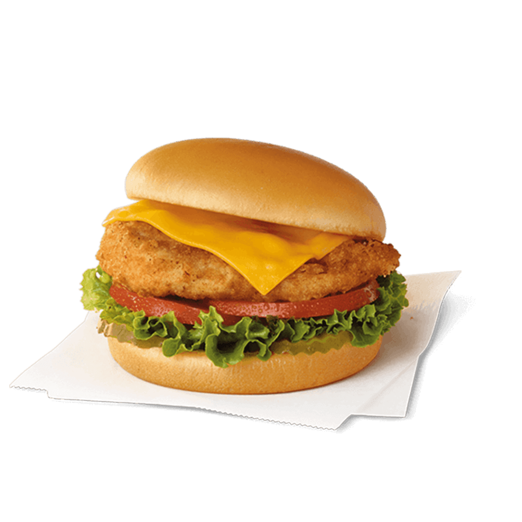 Boneless breast of chicken served on a toasted, buttered bun with dill pickle chips, green leaf lettuce, tomato and American cheese.