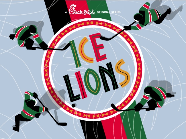 Illustration of hockey players surrounding a circular logo with the text "ICE LIONS."