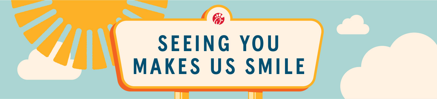 Illustration of a sign saying Seeing you makes us smile, with clouds and the sun in the background.