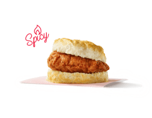 Spicy chicken fillet on a biscuit with the word Spicy in the background
