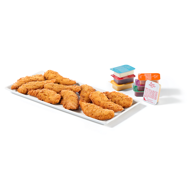 10-count Chick-n-Strips™ on a platter with various stacked sauces