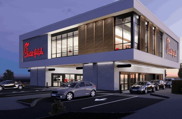 A rendering of a modern Chick-fil-A Restaurant with an elevated Drive-Thru