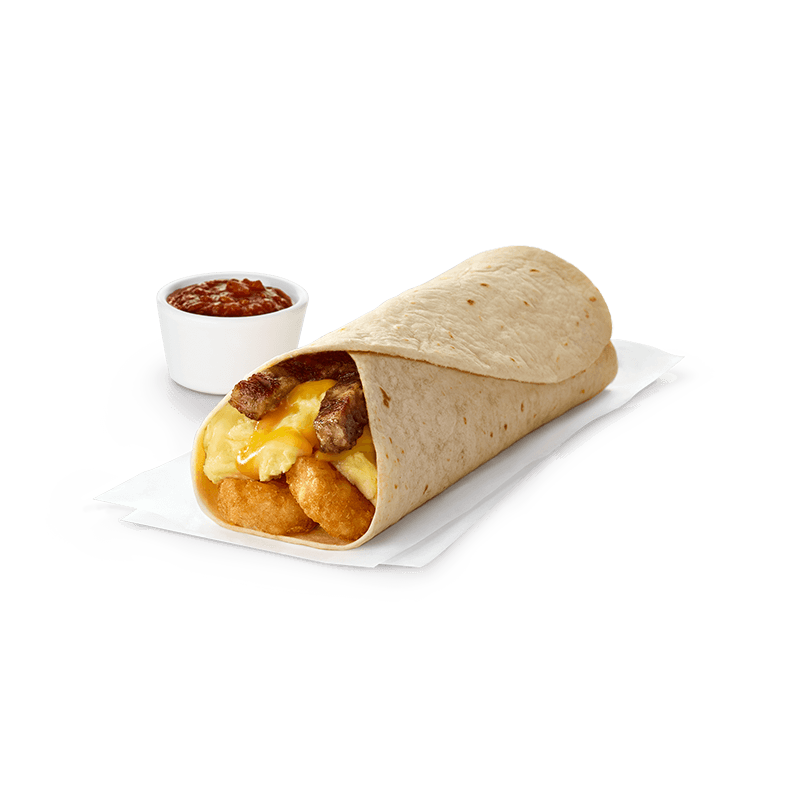 Sliced Chick-fil-A Nuggets, Hash Browns, scrambled eggs, Monterey Jack, Cheddar cheese, rolled in a flour tortilla.