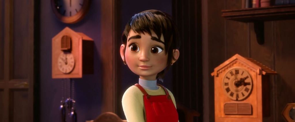 Animated Girl in front of wall clocks.